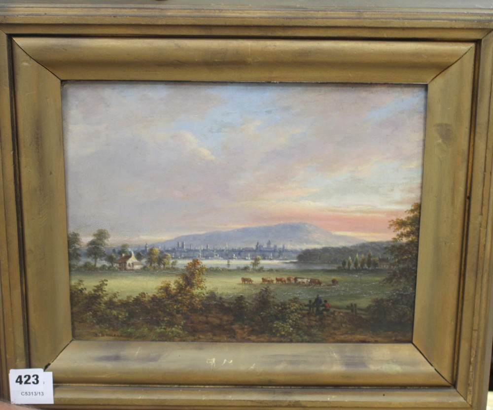J. Duncan, oil on mahogany panel, City viewed from pastoral land, signed, 25 x 32cm
